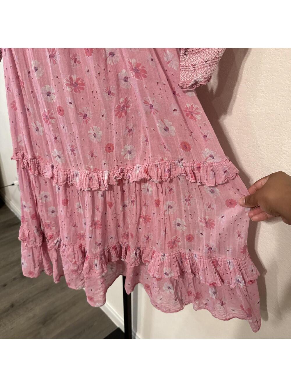 $475 LoveShackFancy Pink "Miri" Dress w/ Square Smocked Bodice Ruffle Hem - LRG - Picture 5 of 11